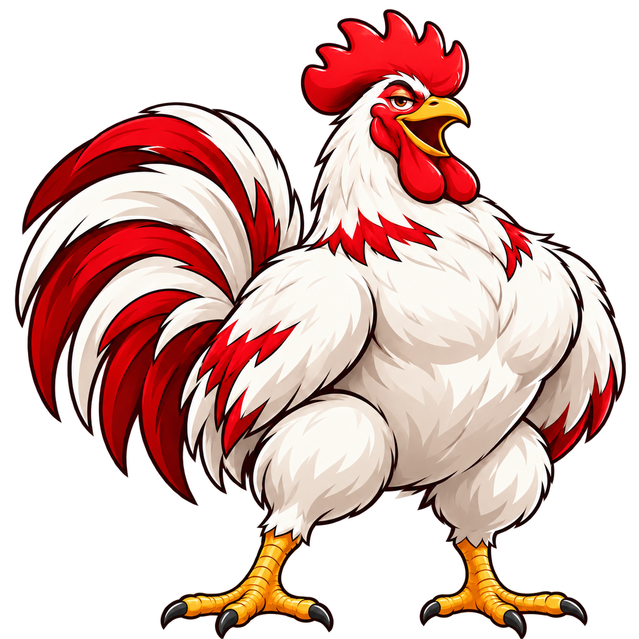 The enormous white and red AMC rooster, looking very pleased with himself.