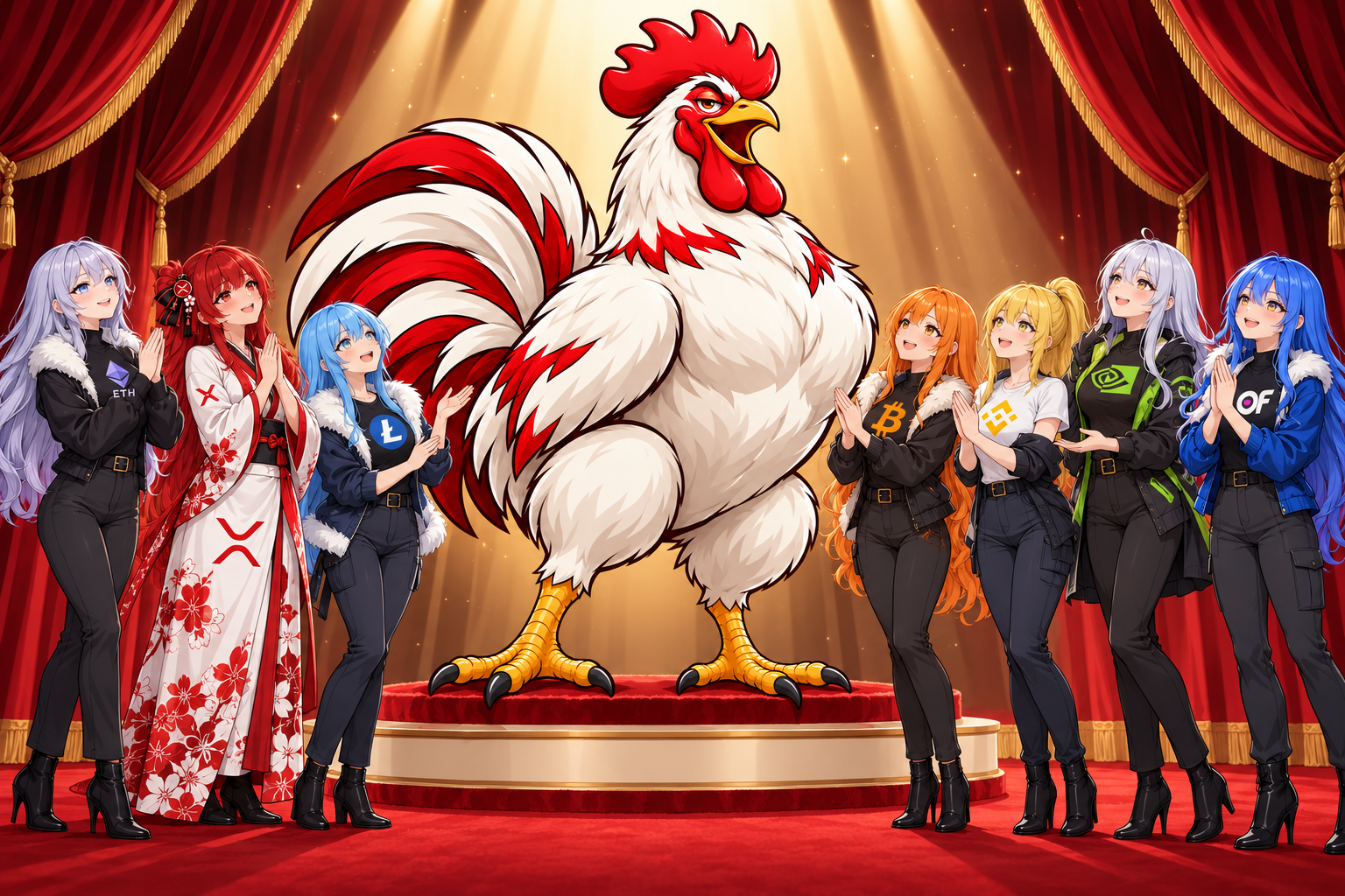 The giant AMC rooster takes center stage while seven token mascots, representing ETH, XRP, Litecoin, Bitcoin, BNB, NVIDIA and OF, applaud him beneath red curtains and golden spotlights.
