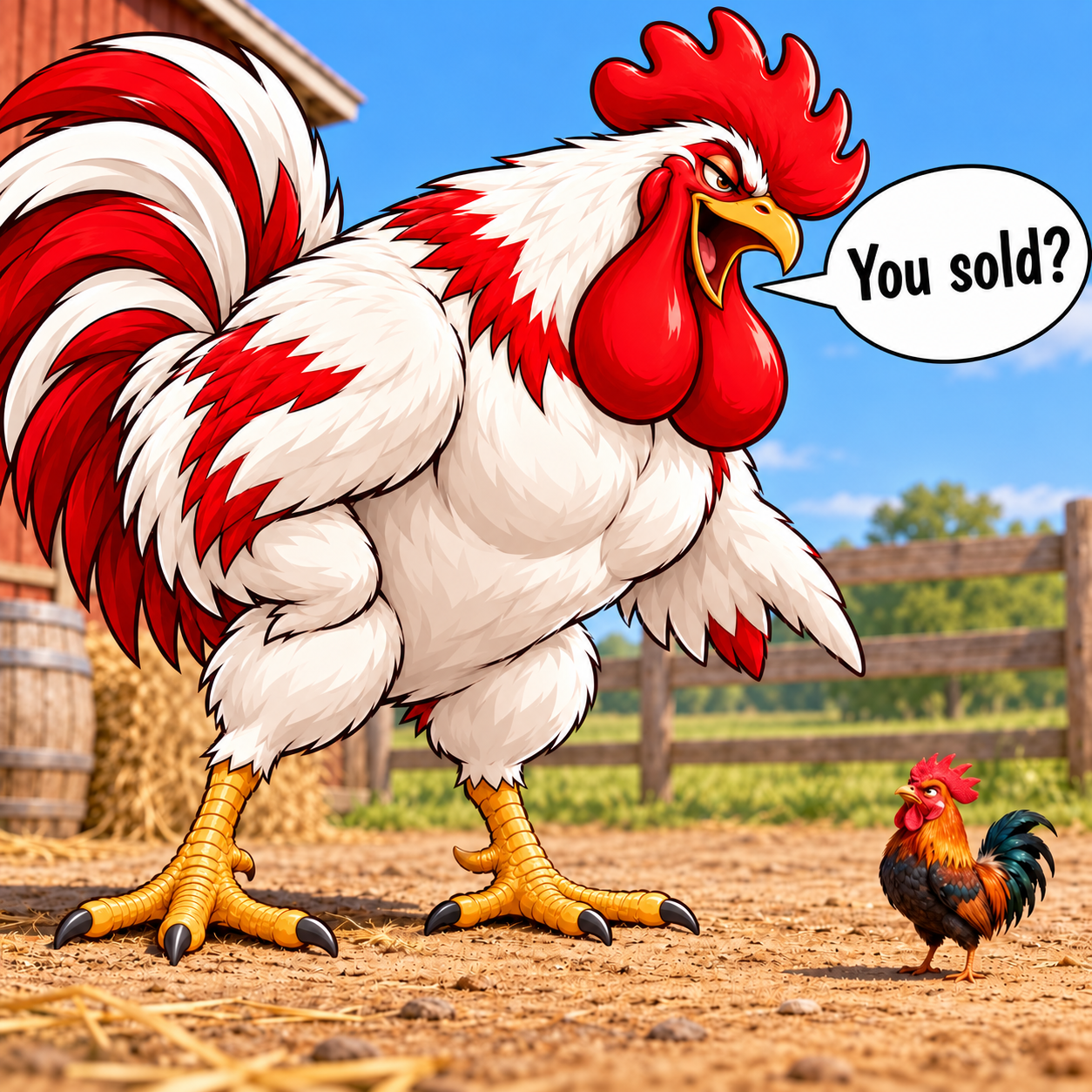 The enormous AMC rooster looks down at a tiny rooster and says You sold?