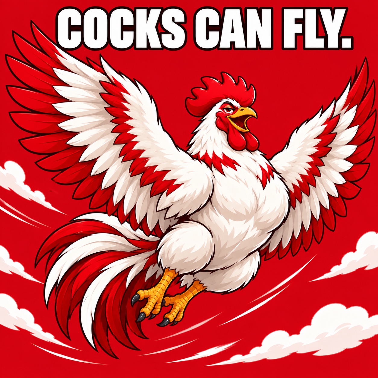 The AMC rooster soaring across a red sky beneath the words Cocks can fly.