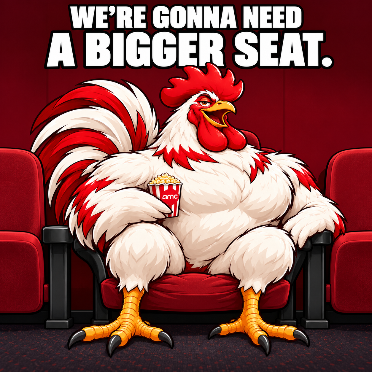 The massive rooster squeezed into a cinema seat holding AMC popcorn. We’re gonna need a bigger seat.